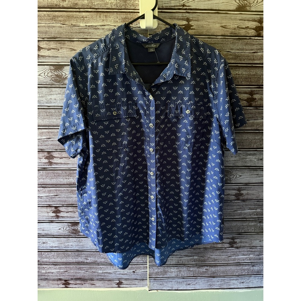 Eddie Bauer Women's Navy Blue Starburst Short-Sleeve Button-Down Top Size XXL